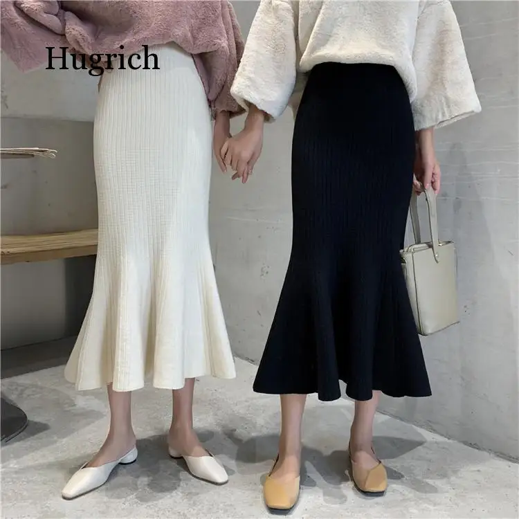 Fall Winter Korean Chic Ruffles Slim High Waist Mermaid Skirts Women Wild Solid Wrap Hip Knitted Trumpet Skirt Faldas