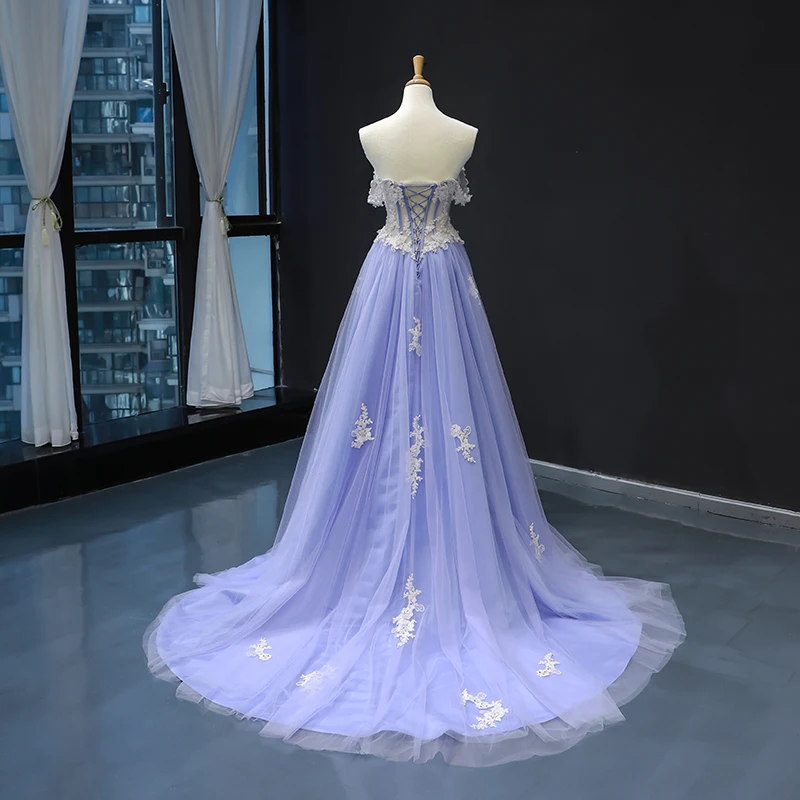 Robe de bal bleue en dentelle, tenue de soirée longue, épaules dénudées, corsage transparent, robes de spectacle