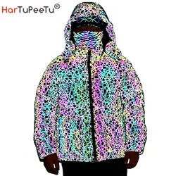 Winter Men Rainbow Reflective Hooded Parkas Down Cotton Jacket Luminous Clothing Street Nightclub Hip Hop Dance Cargo Outcoat