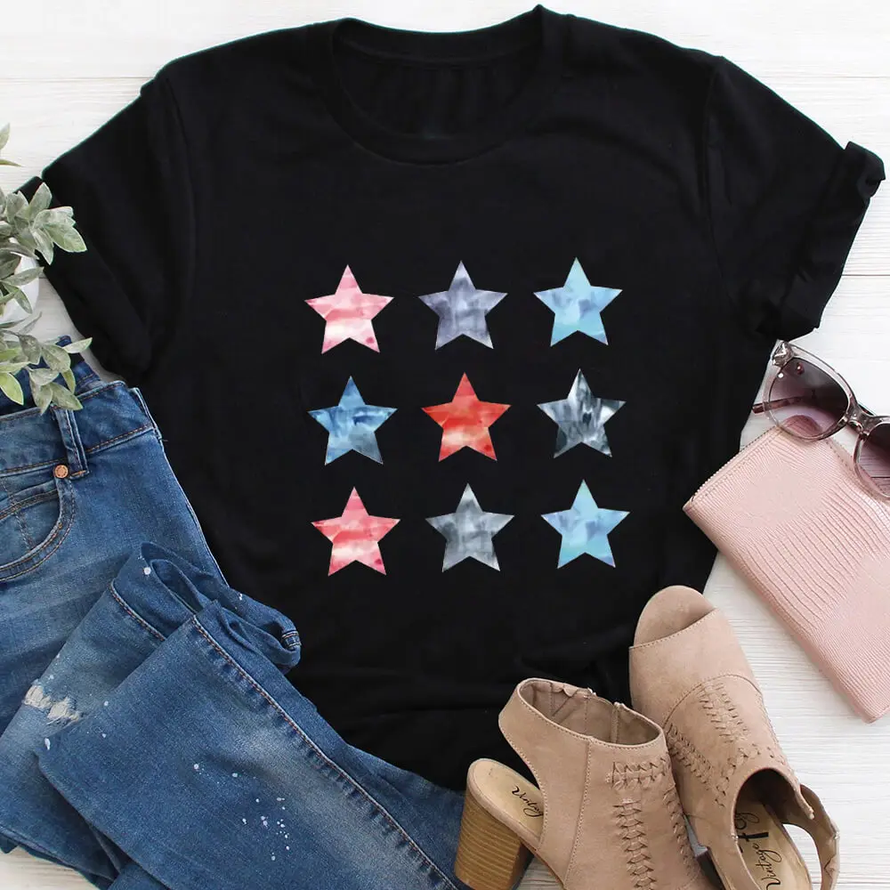 

Watercolor Stars Colored Print 100%Cotton Women Tshirt Unisex Funny Summer Casual Short Sleeve Top Planet Lovers Shirt Gift Tee