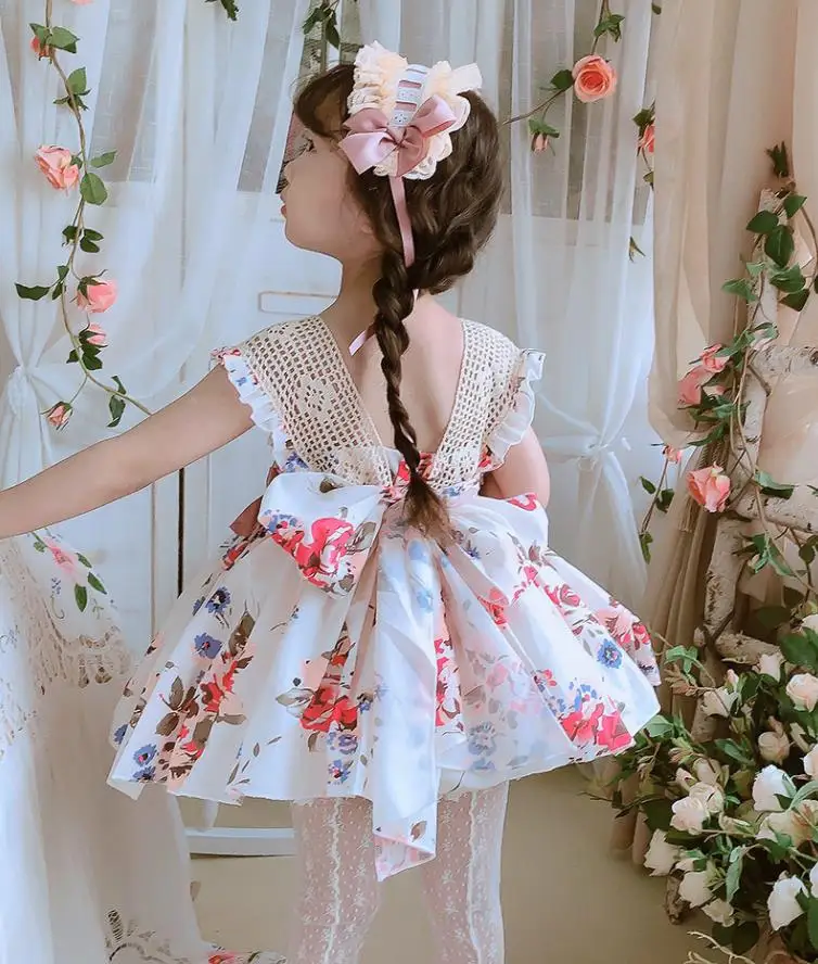 2PCS Summer Spanish Princess Ball Gown Bow Print Sleeveless Vintage Birthday Party Easter Eid Girl Lolita Dress For 12M-6T Y3041