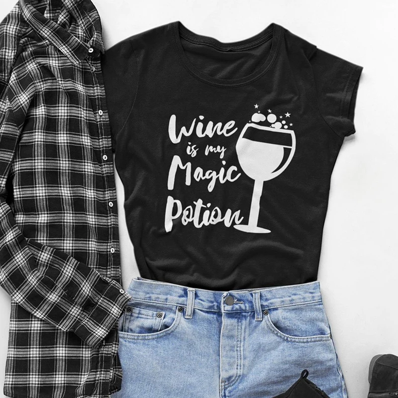 Wine Is My Magic Potion Women 100% Cotton Clothes 2019 New Harajuku Fashion Printed Tshirt  Graphic T-Shirts Femme Drop shipping