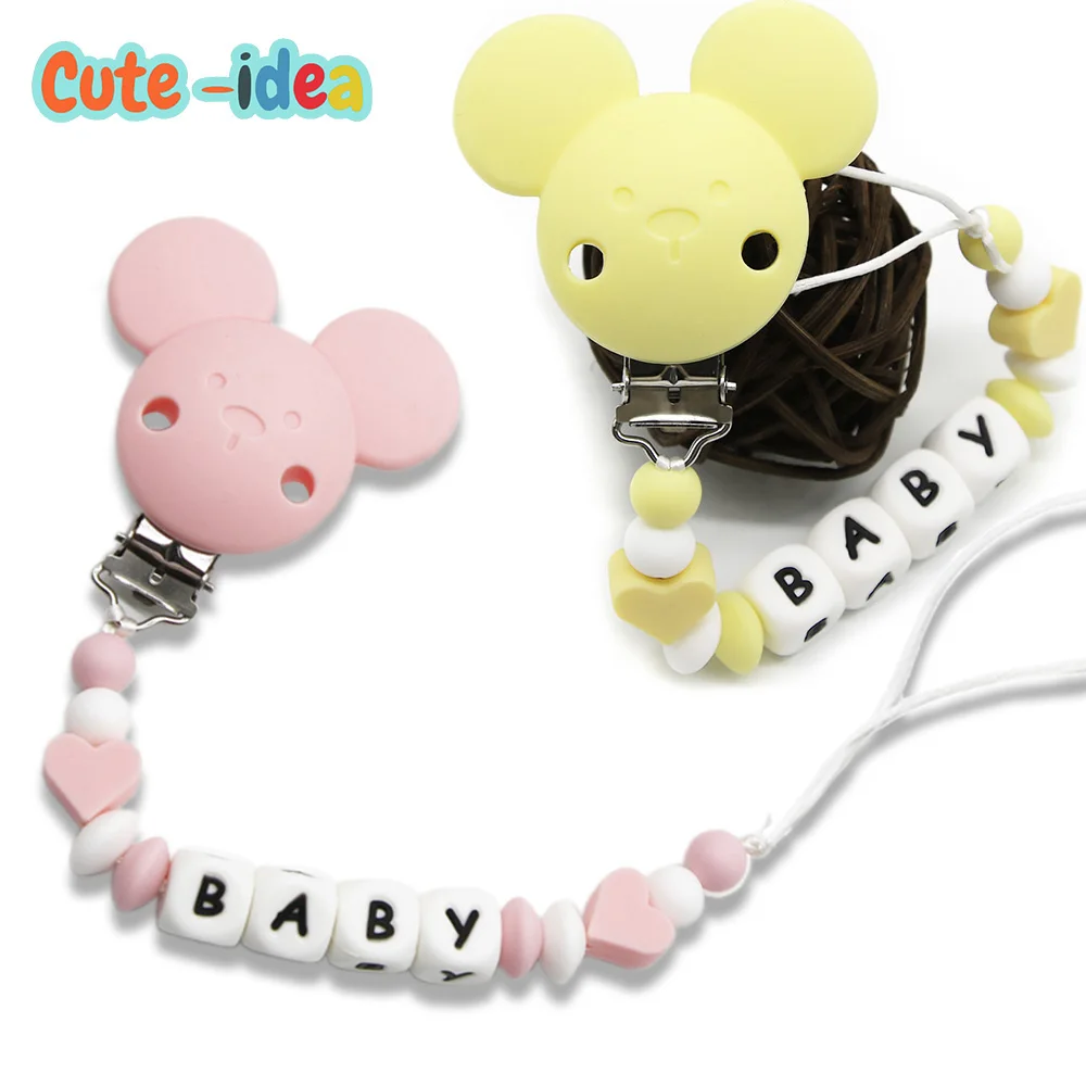 Nette-idee 1Pcs Silikon Personalisierte Name Baby maus Schnuller Clips Perlen Silikon herz Schnuller Kette Halter Baby waren geschenke