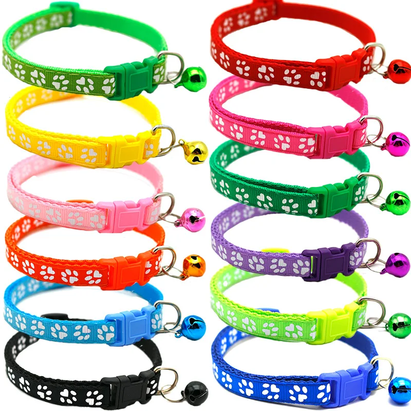 Pet Cat Collar Cute Paw Print Cat Bell Collar Adjustable Nylon Ribbon Collar for Cats Small Dogs Puppy Neck Strap 1.0cm 19-32cm