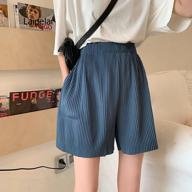 Wide Leg Pleated Shorts Women  Green Elastic Waist Summer Shorts 2021 New Fashion Loose Casual Short Girls Trouser