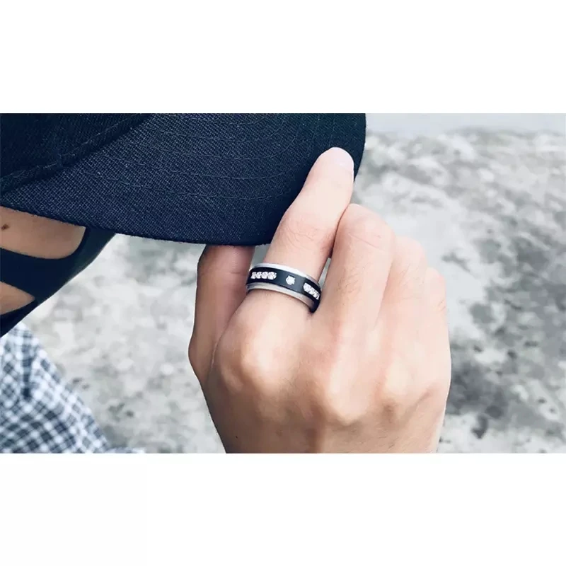 8mm Men Simple Ring Atmospheric Black White Inlaid Crystal Rings Wedding Engagement Band Cocktail Party Jewelry For Men