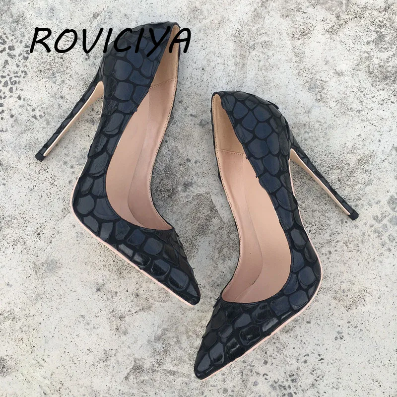 12cm Shoes Sexy Womens Black High Heel Shoes Pointed Toe Apricot Party Stiletto Heels plus size 33 34 YG025 ROVICIYA