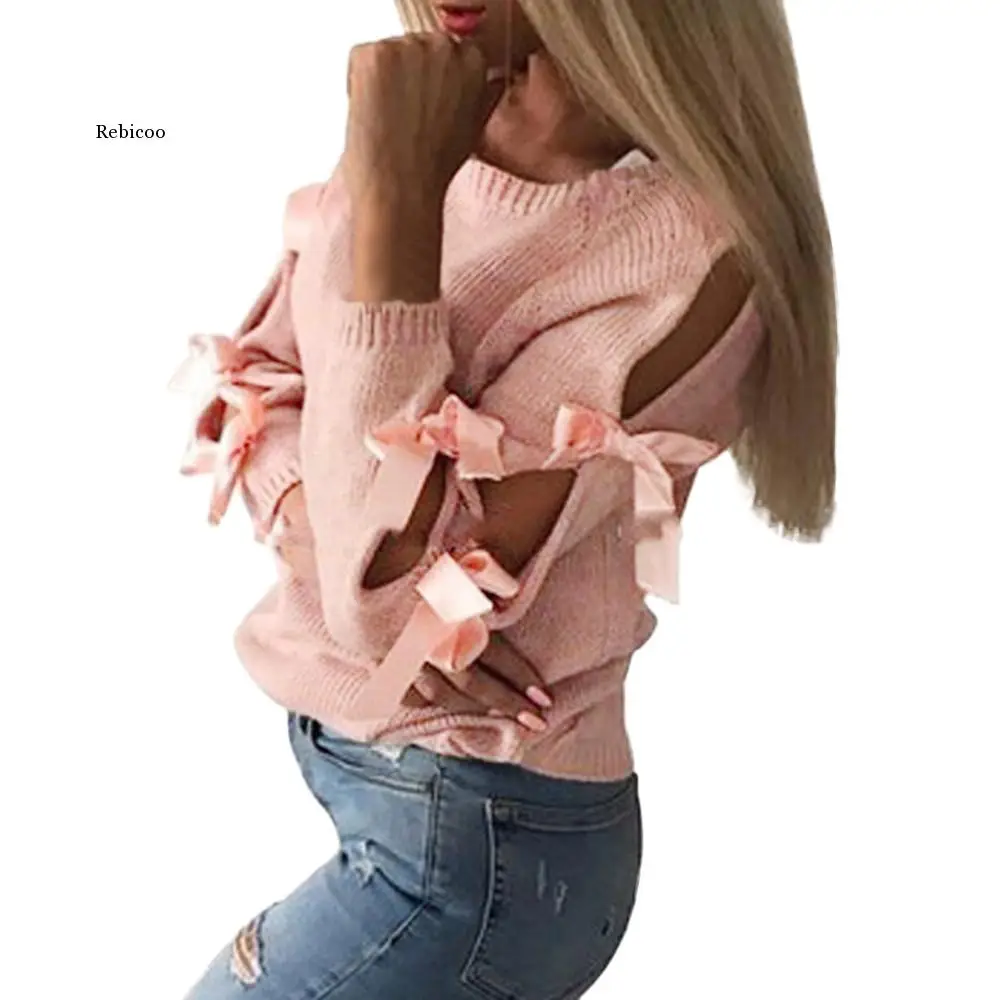 Sweater Women Casual Solid Bow Tie Pullover Loose Sweater Jumper Tops Knitwear Pull Pullover