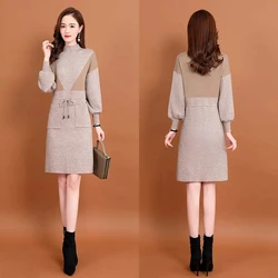 Autumn Winter knit Women Dress Female Long Sleeve No Velvet/Add Velvet Dress Girl Elegant Vestido Ladies Dresses 3XLB1778