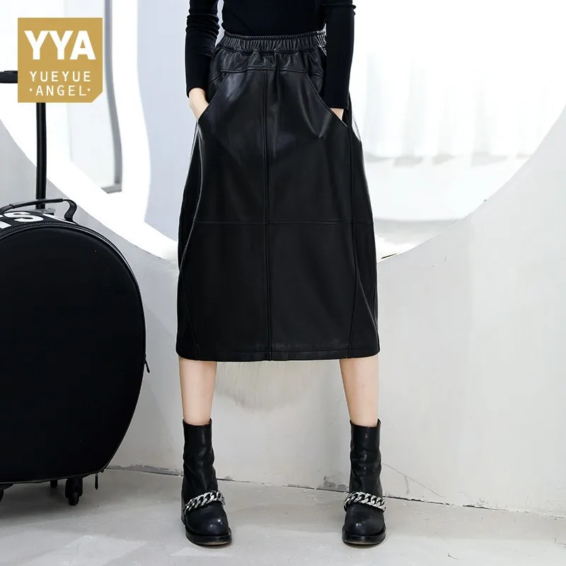 

Winter Autumn Black Genuine Leather Mid Long Skirts Elastic Waist A-Line Lantern Sheepskin Skirt Big Pockets Faldas Mujer