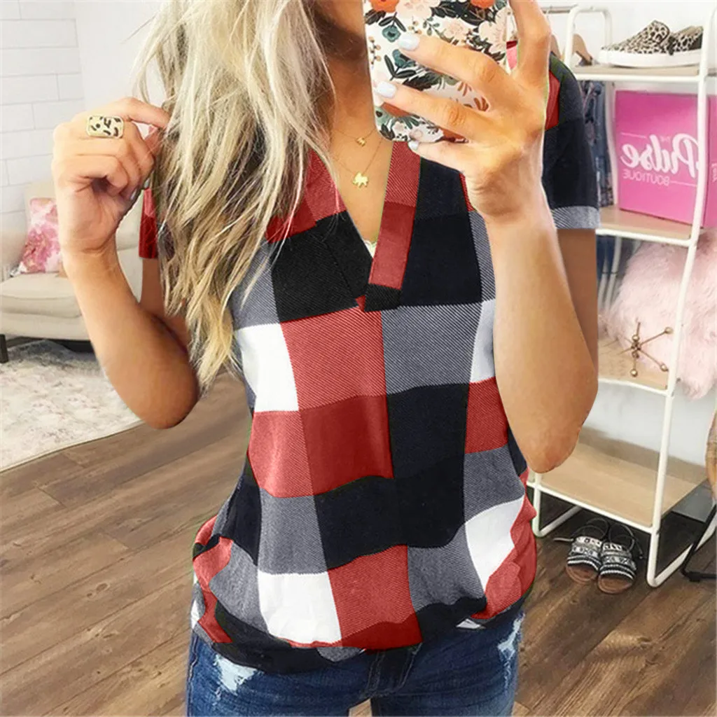 Fashion Plaid T Shirt Oversize Cotton tshirt Casual Summer Ladies Sexy V-Neck Tunic Tops Female Women Short Sleeve Shirt Blusas