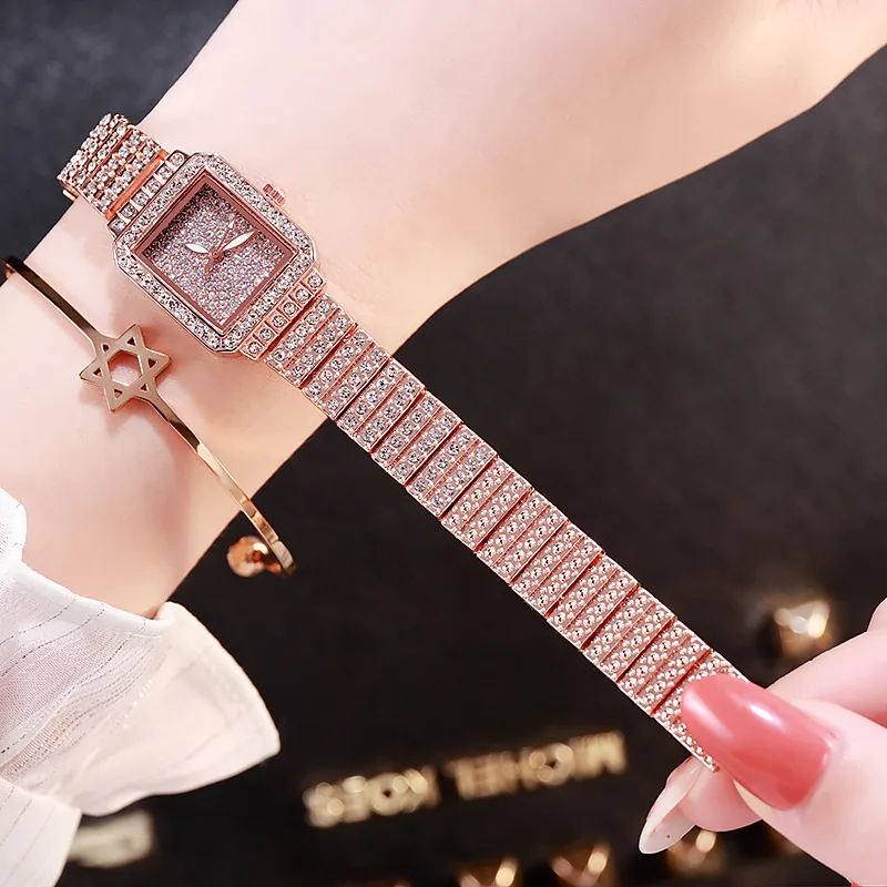 Luxury Watches for Women Cool Full Iced Out Gold Watch Women Rhinestone Wristwatch Oblong Shape Relojes Para Mujer Ladies Watch