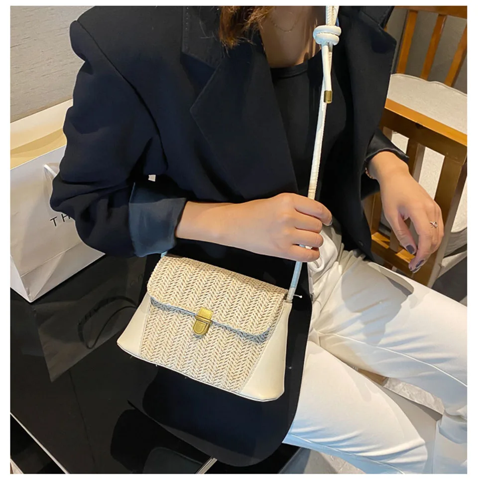 Rattan Bag Straw Bags For Women Summer Woven Ladies Handbag Patchwork Crossbody Shoulder Small Knitting Sac Paille 2021 Flap