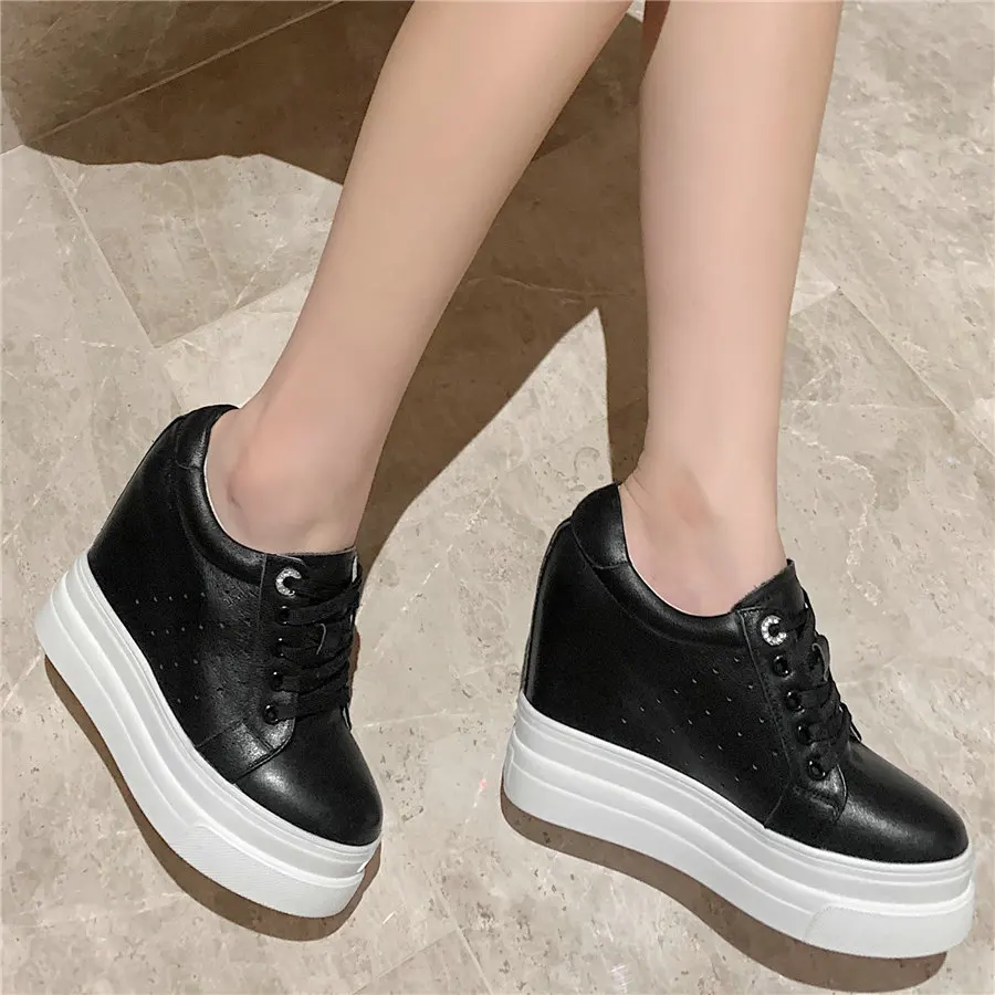 Round Toe Casual Shoes Women Genuine Leather Chunky High Heels Pumps Shoes Female Platform Wedges Ankle Boots Fashion Sneakers