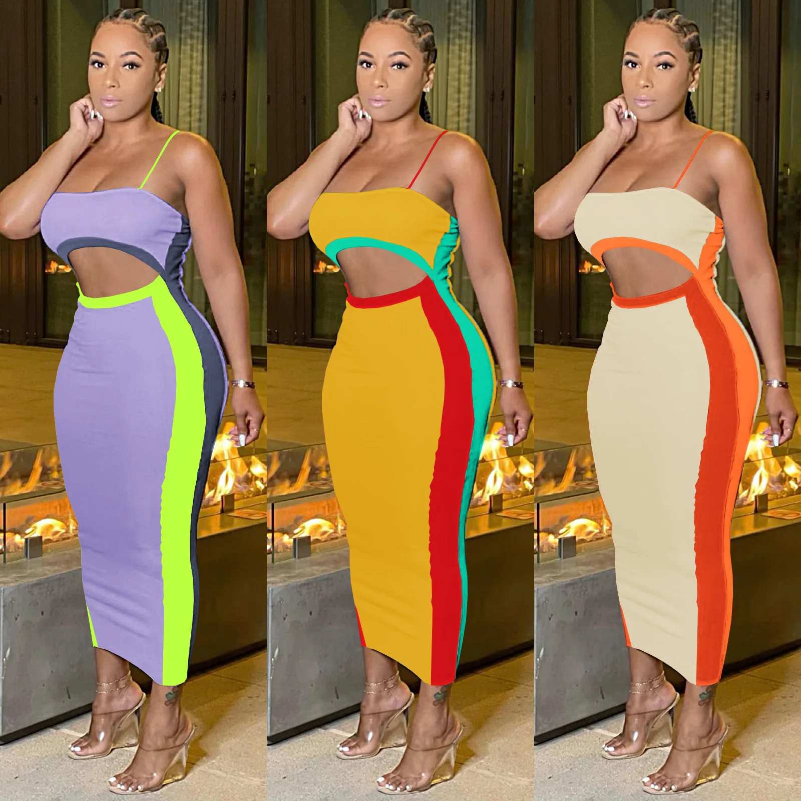 

SKMY Sexy Clubwear Women Clothing Multicolor Patchwork Hollow Out Sleeveless Spaghetti Strap Bodycon Midi Dress Stretch Fabric