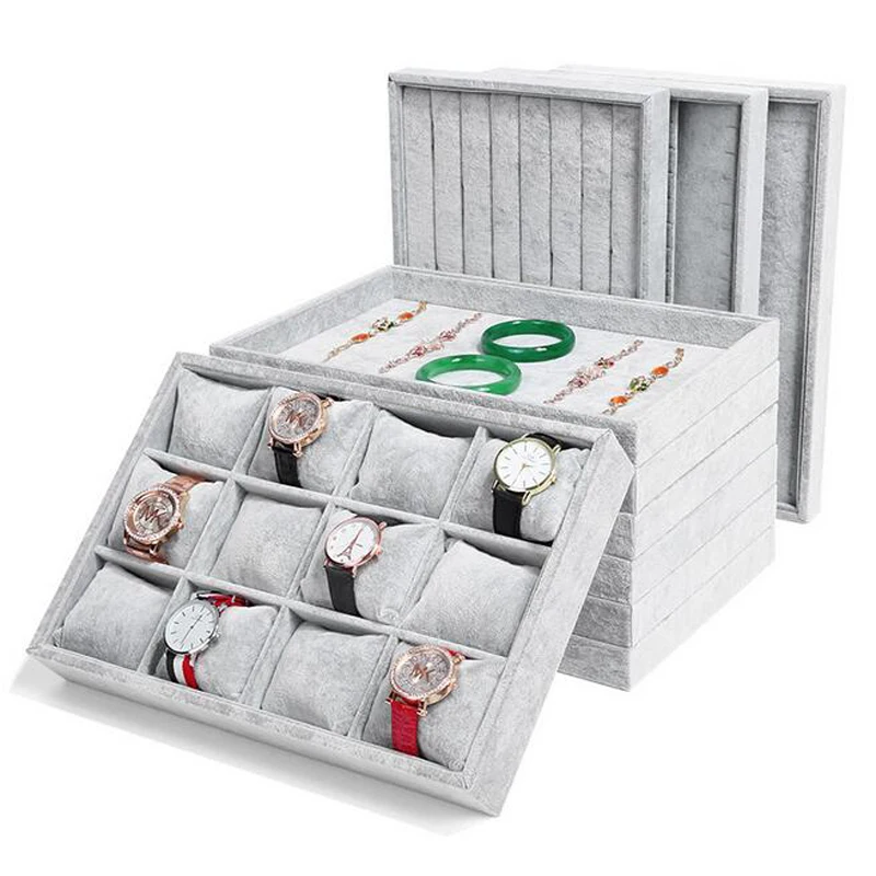 High Quality Ice Grey Velvet Jewelry Tray Jewelllery Storage Box Watch Holder Necklace Ring Earrings Pendant Display Organizer