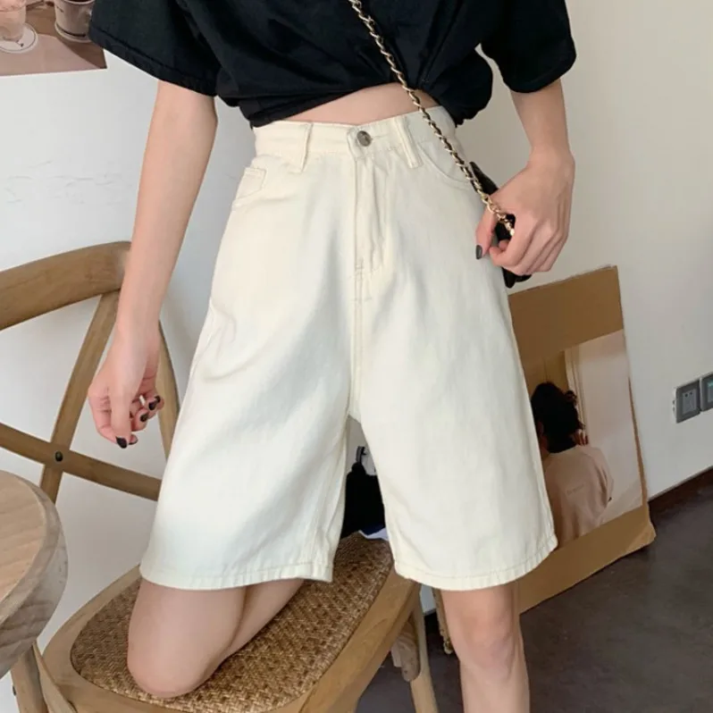 Denim Jeans Loose Sweat Shorts Women Solid Harajuku Korean Pockets Streetwear Sweatshorts Wide Leg Shorts Ladies Knee Length