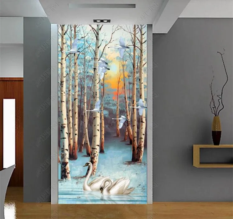 Custom 3D Wallpaper Murals White Birch Forest Tree Swan Oil Painting Lobby Interior Entrance Corridor Wall Decor Mural Wallpaper