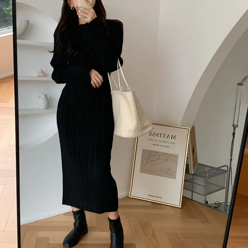 

Women's Spring Autumn Runway Fashion Long Sleeve Elastic Slim Black Dress Female High Waist Chic Travel Party Basic Dress TB1970