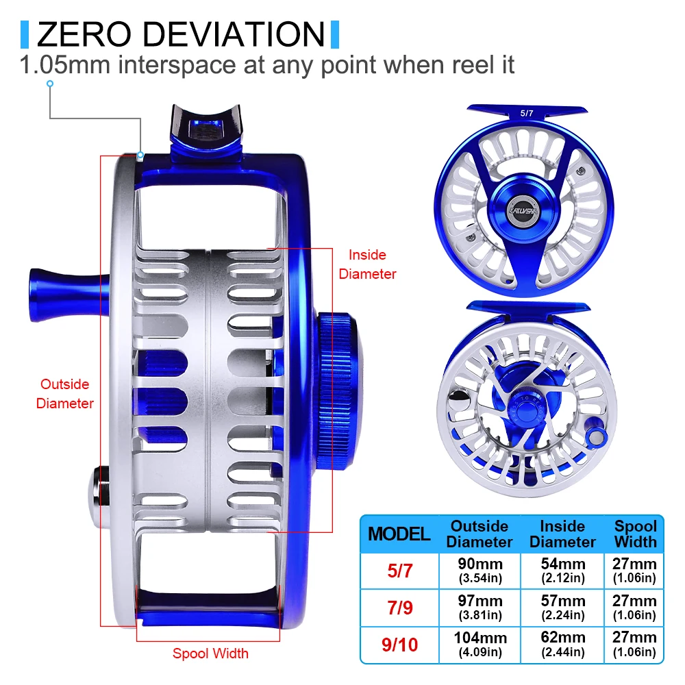 PROBEROS Fly Fishing 3+1 BB Wheel Blue & Silver Color Fly Fishing Reel CNC Machine Right & Left Handle Aluminum Fly Reel