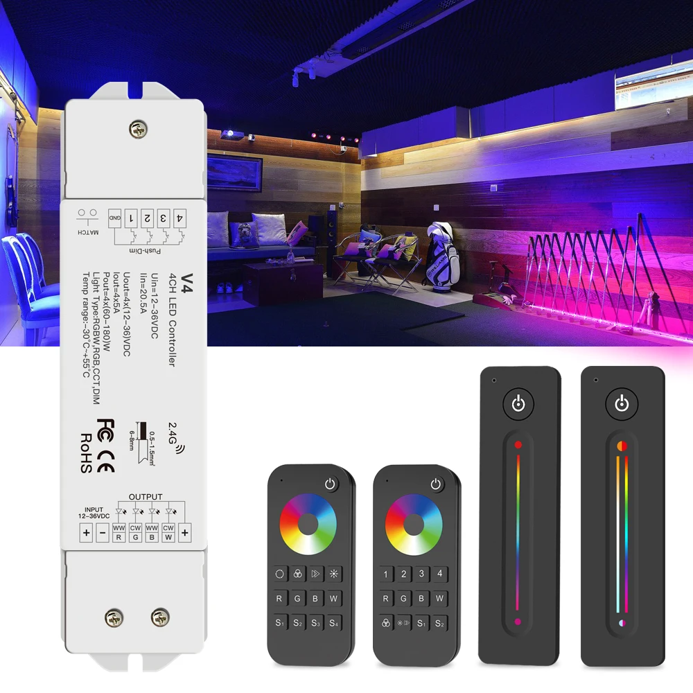 RF 2.4G RGBW LED Controller For LED Strip Lights Tape 4-Channel 5A/Channel DC 12V 24V 36V High Power Dimmer