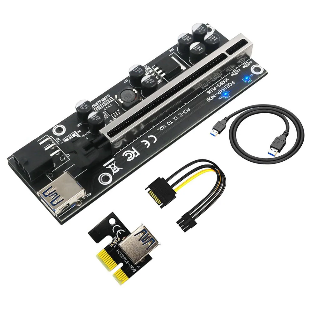 مهايئ بطاقة مهايئ من PCIE Riser 009S Plus USB3.0 Riser لبطاقات الفيديو طراز PCI Express x16 بطاقة مهايئ من SATA من 15 إلى 6 سنون طاقة للتعدين