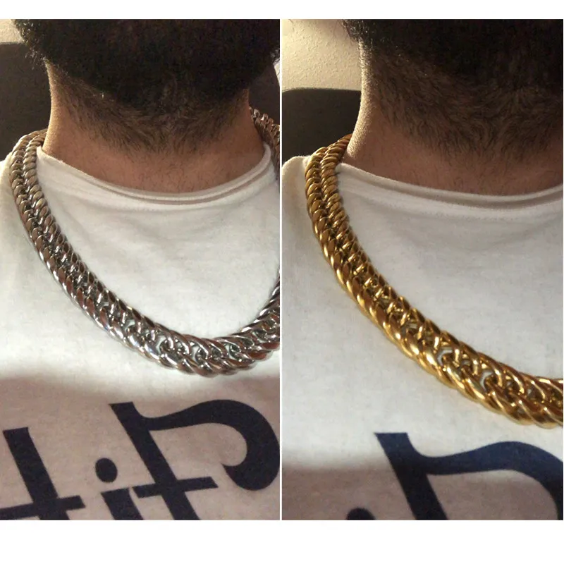 Men Boys Silver Color/Gold Color/Black Color Stainless Steel Double Curb Cuban Link Chain Necklace Choker 9/11/13/16/20mm