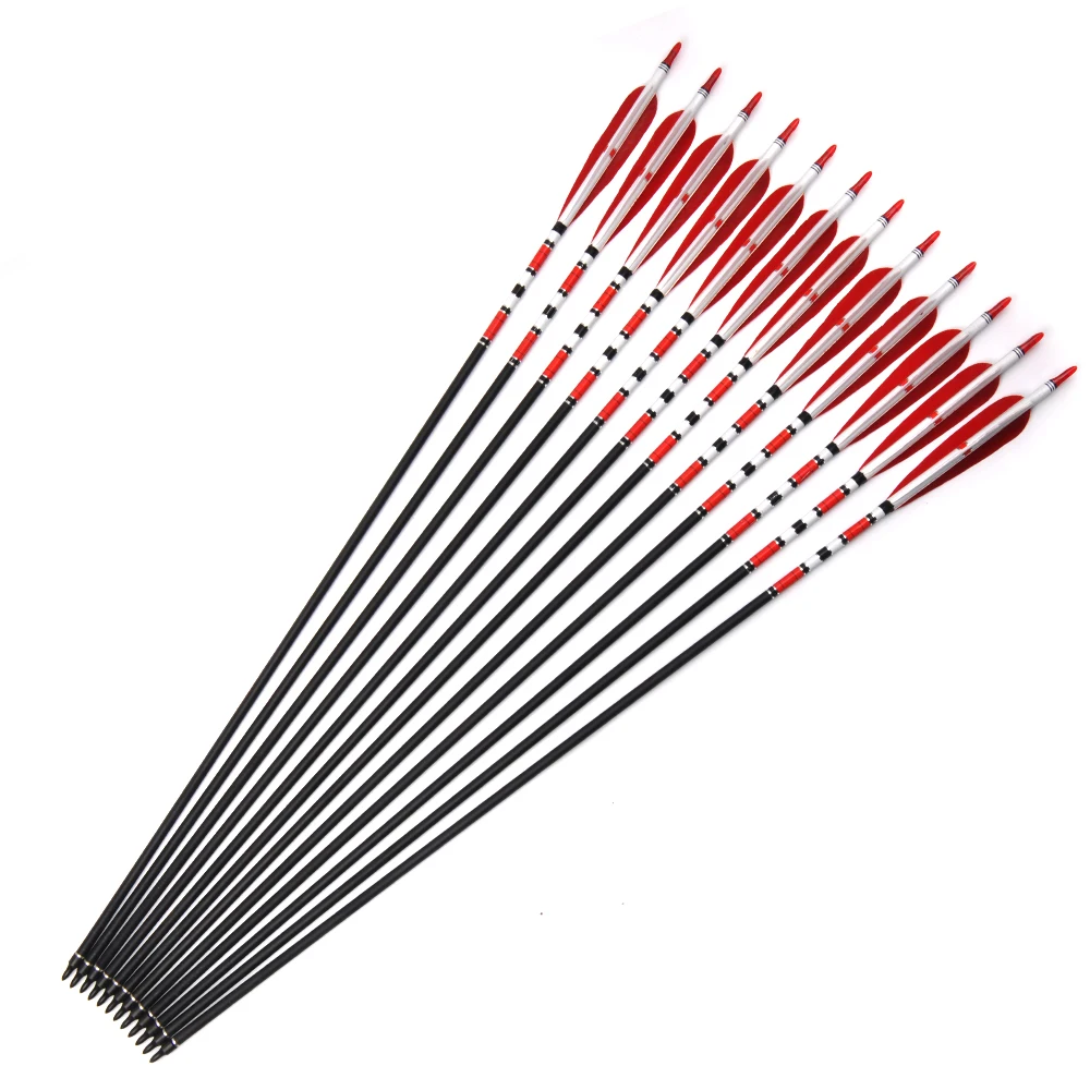 80cm Spine 500 Carbon Arrows OD7.6mm ID6.2mm with 2 Red and 1 White Turkey Feather for Hunting Shooting Archery