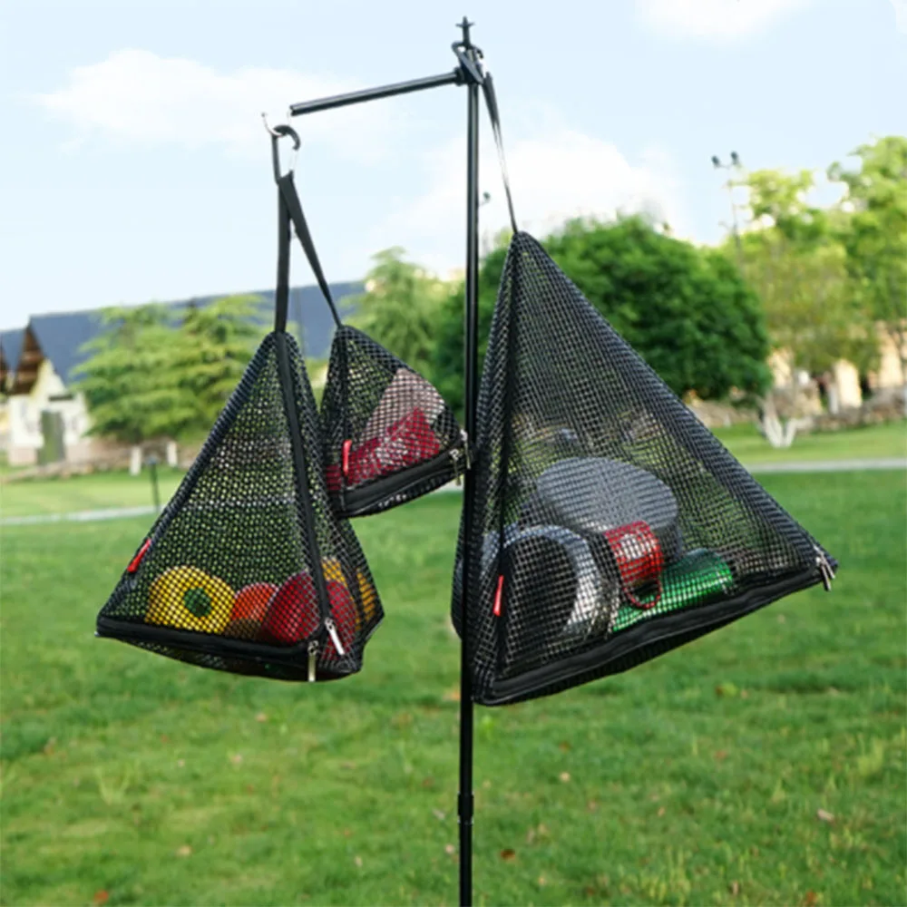 Outdoor Storage Net Bag Triangular Drying Hanging Foldable Net Basket with Double Zippers