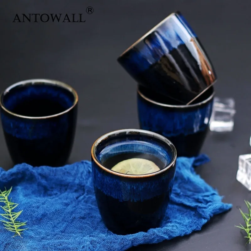 ANTOWALL  Japanese Kiln Glaze Blue Teacup 150ml Chinese Retro Ceramic Teacup Water Cup