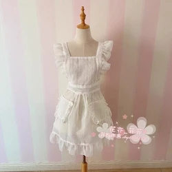 Victorian Pinafore Apron, Maid Lace Smock, Japanese Style, Elegant Costume, Ruffle Pockets, White, 1Pc