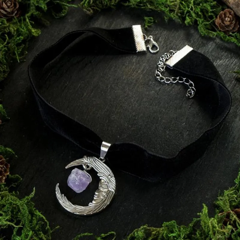 Velvet Choker Moon Choker Purple Raw Stone Big Pendant Crescent Necklace Witch Gothic Punk Jewelry Gorgeous statement Women Gift