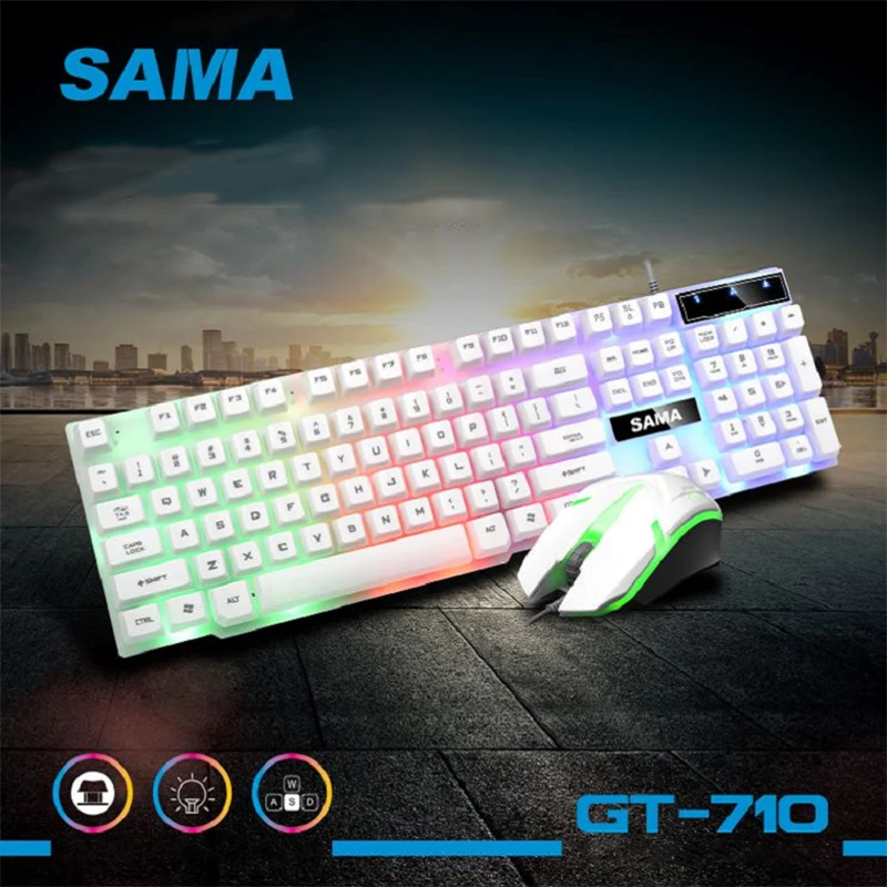 SAMA 104 teclas USB con cable ratón y teclado conjunto/Kit estándar con cable USB flotante para PC portátil Oficina en casa GT710 LED