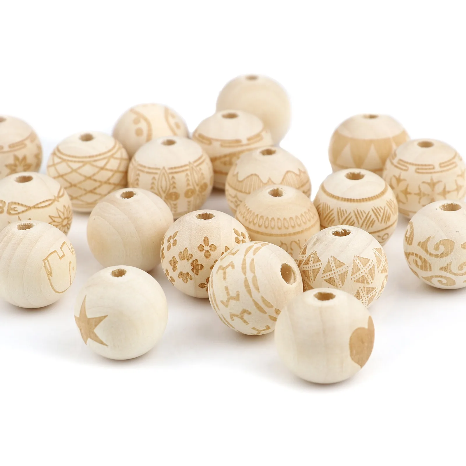 20 PCs Geometric Heart Flower Wood Spacer Beads For Jewelry Making Round Natural Carved Pattern 16mm Dia., Hole: Approx 4.1mm