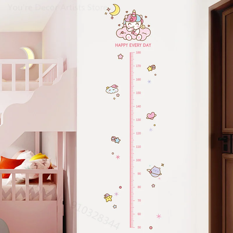 Cute Pink Unicorn Height Sticker For Girls Room Child Height Ruler Cartoon Wall Decal Kids Gift Nursery Height Measuring Sticker