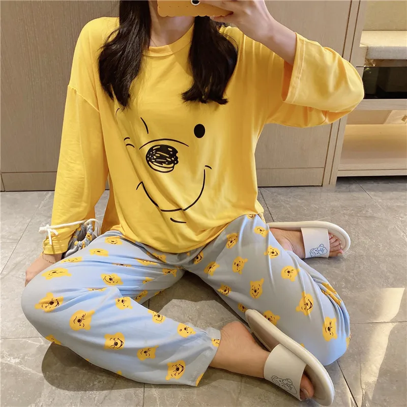 Disney Girl Daisy Printed Spring and Autumn Bag Pajamas Women Cute Cartoon Long Sleeve Long Pants Homewear Set Pajamas