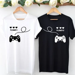 Camiseta divertida de jugador 1 y jugador 2 para mujer, regalo del Día de San Valentín, bonita camiseta de luna de miel para parejas