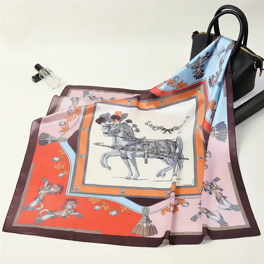 53cm Luxury Brand Square Scarves Horse Print Bandanna Kerchief Neckerchief Turban Silk Feeling Spring Women Scarves For Ladies