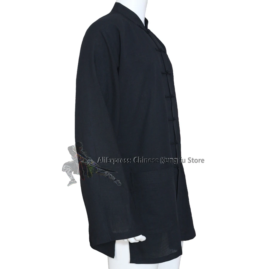 Black Cotton Linen Kung fu Jacket Tai Chi Top Qigong Meditation Wing Chun Coat Martial arts Clothes Wushu Taiji Suit