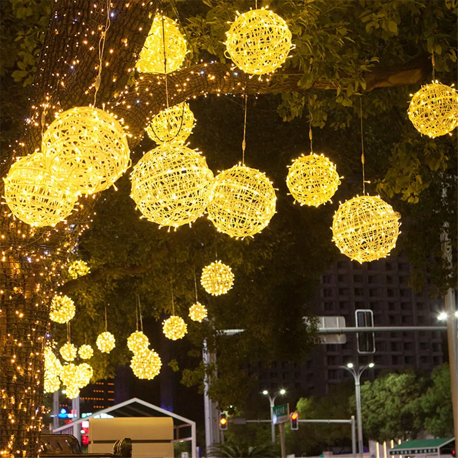Christmas Tree Light Big Lantern Ball LED String Light Rattan Ball Globe Fairy Garland Light For Wedding Party Landscape Street