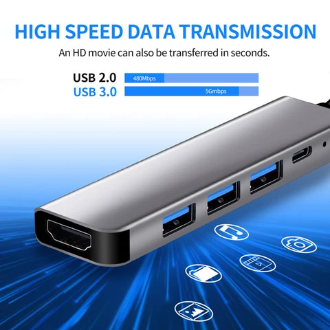 Концентратор USB C с поддержкой HDMI 4K, USB 3.0 2.0 Type C, зарядная док-станция PD для MacBook, iPad, Samsung S10, Dex TV, мыши, клавиатуры и U-диска топ 6 станция dex samsung - №2