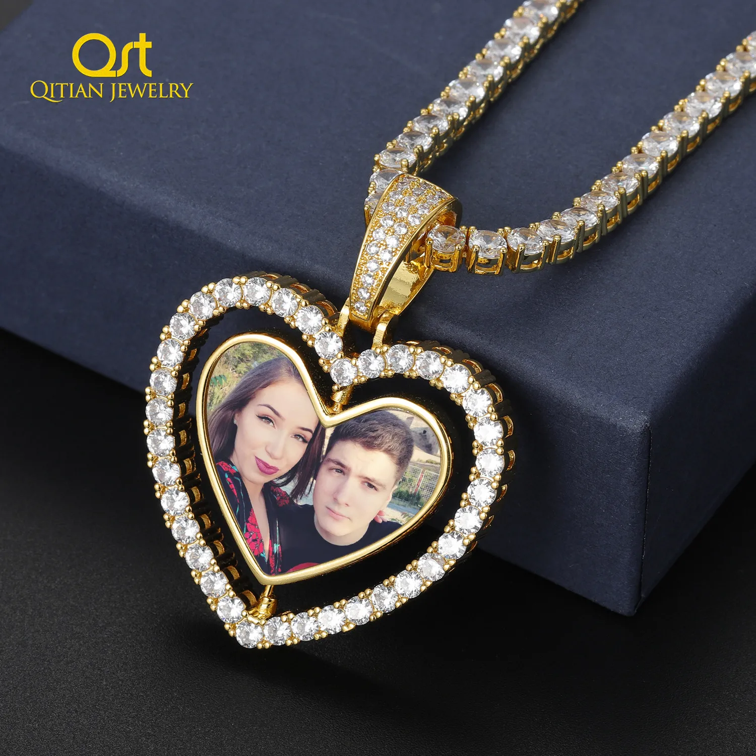 Customized Photo Double Sided Heart Pendant Necklace With Tennis Chain Cubic Zircon Men Women Hiphop Commemorate Copper Jewelry