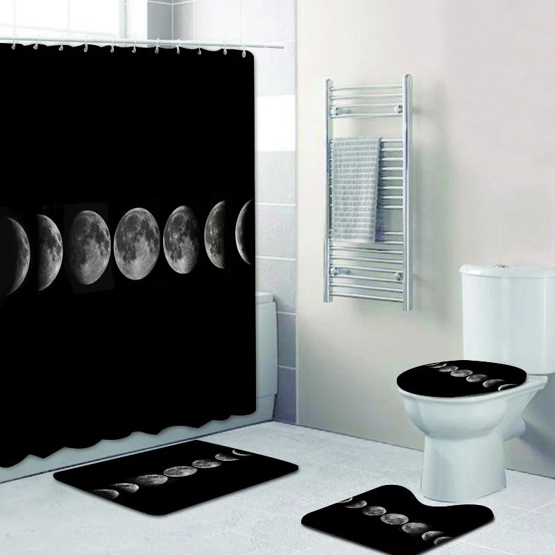 Modern White Full Moon Phases Home Decor Scandinavian Lunar Phase Moon Shower Curtain Bath Mat Rug Carpet for Bathroom Bathtub