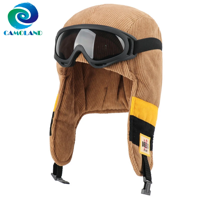 CAMOLAND Winter Warm Corduroy Bomber Hat Women Men Russia Ushanka Hat Windproof Earflap Cap Outdoor Snow Skiing Cap With Goggles