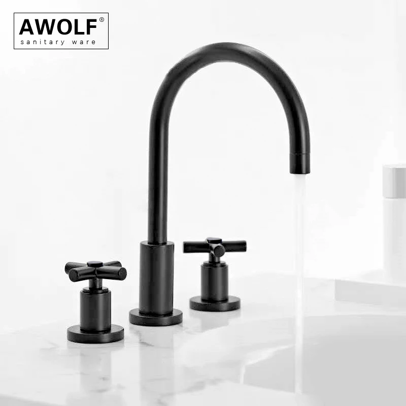 

Matt Black Solid Brass Bathroom Basin Faucet Dual Handle 3 Hole Deck Mounted Hot Cold Mixer Tap Bathtub Faucet ML8052