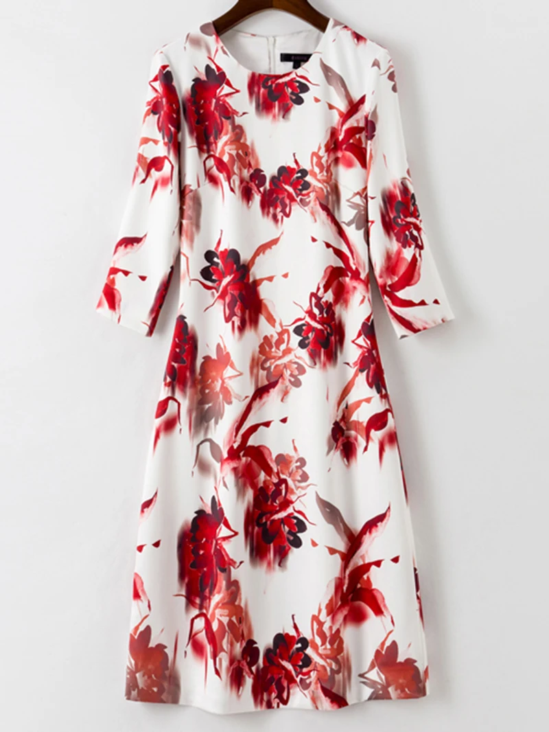 

Red Flower Print Women Sheath Dress Half Sleeve Round Neck Dresses