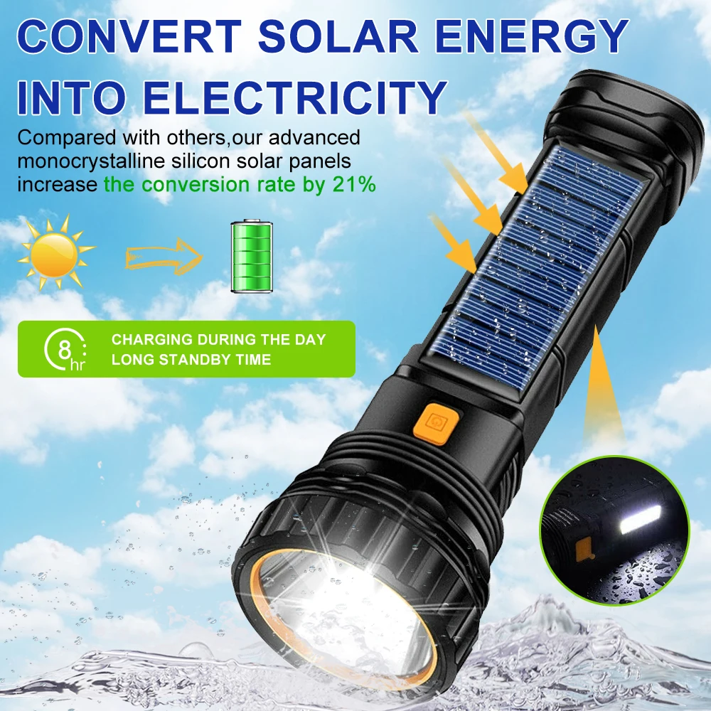 Solar Power Camping Flashlight with COB Side Light Waterproof High Bright Electric Torch Reverse Charging Emergency Light