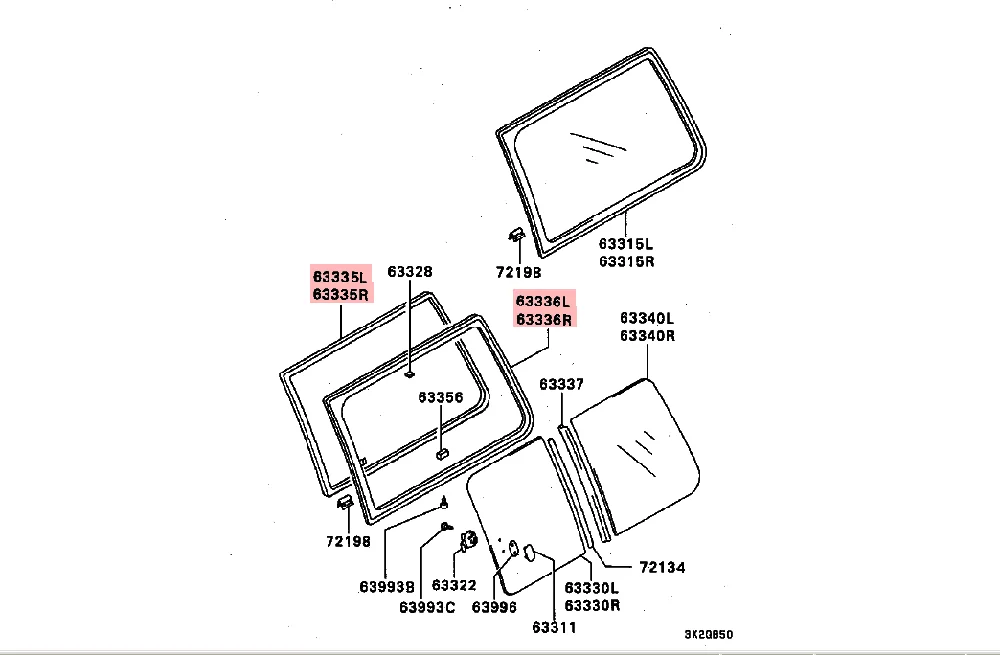 Sklo strana okno formulovat pečetního svléknout se pro Mitsubishi pajero montero V31W V33W V43W MB677321 MB677322 MB677563 MB677564 MB879997
