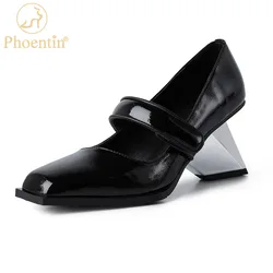 Phoentin Retro Genuine Leather mary janes shoes Strange high Heel Square Toe Woman Pumps ladies Party Wedding Shoes FT1665