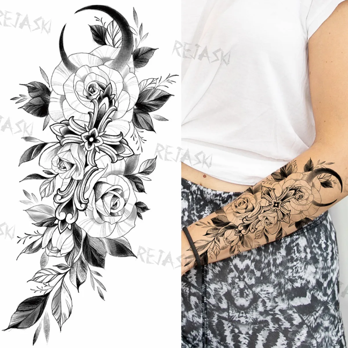 Sexy Snake Flower Fake Temporary Tattoo For Women Black Sunflower Tattoos Bloosom Big Daisy Camellia Water Transfer Tatoos Legs